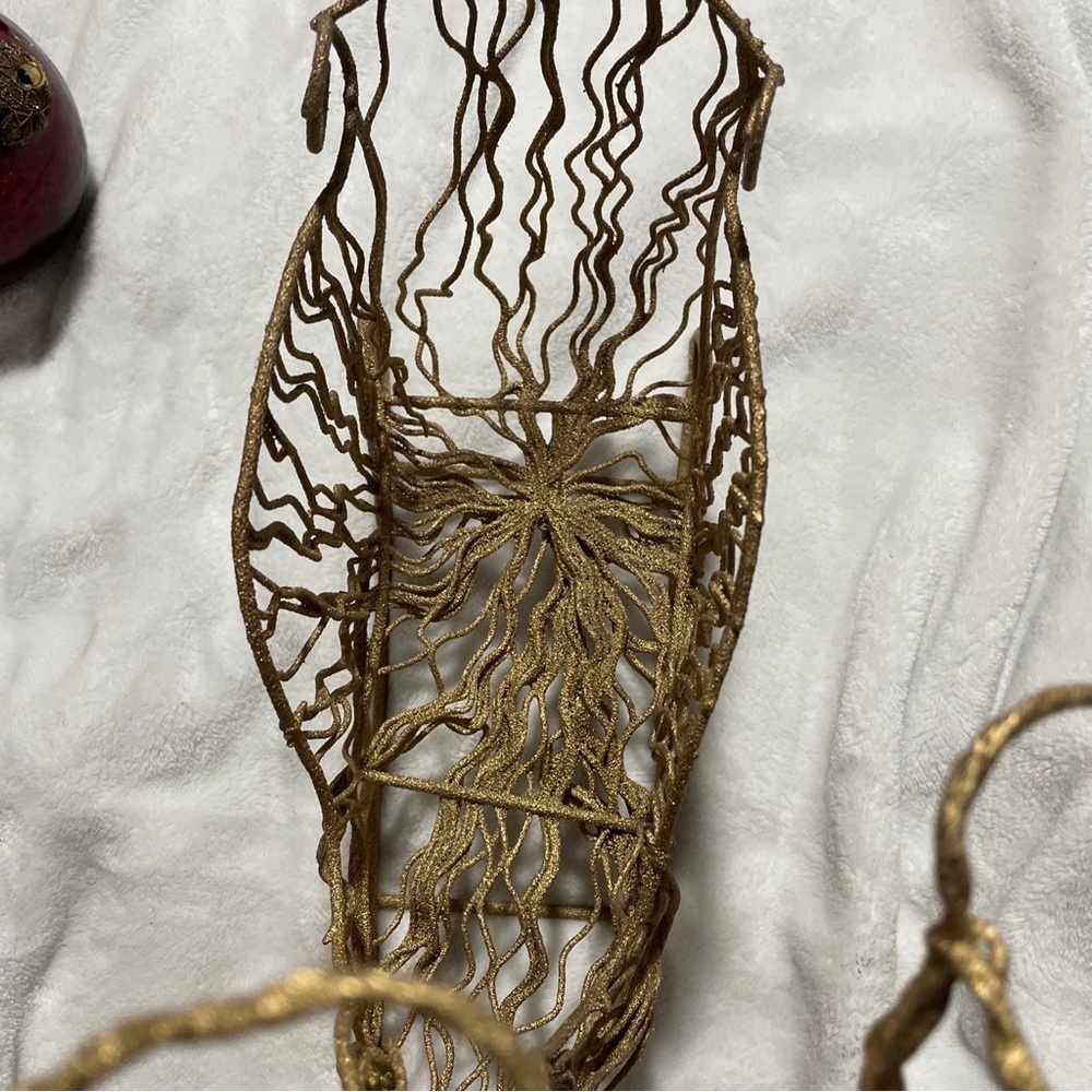 Vintage Holiday Reindeer Antlers Basket Sleigh Sled 7.5" Wire Gold Glitter Xmas - Picture 2 of 3